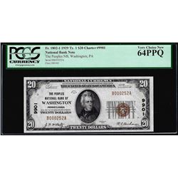 1929 $20 NB Washington, PA CH# 9901 National Currency Note PCGS Very Choice New 64PPQ