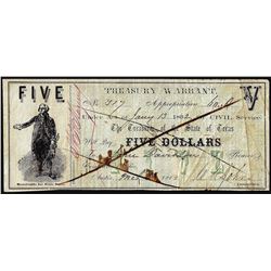 1862 $5 Treasury Warrant Austin, TX Obsolete Banknote