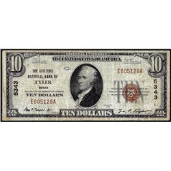 1929 $10 Citizens National Bank of Tyler, Texas CH# 5343 National Currency Note