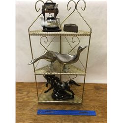 MISC LOT METAL SHELF AND COLLECTIBLES