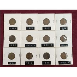 LOT OF 12 USA PENNIES BETWEEN 1909 - 1930