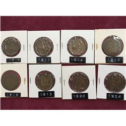 LOT OF 8 CANADA LARGE CENT PENNIES BETWEEN 1904 - 1920