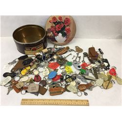 RED ROSE COFFEE TIN WITH KEYS SKELETON KEYS KEYCHAINS ETC