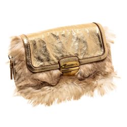 Prada Metallic Gold Faux Fur Leather Convertible Clutch Crossbody Bag