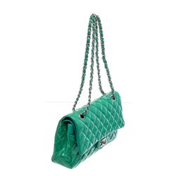 Chanel Green Quilted Patent Leather Classic Medium Double Flap Bag