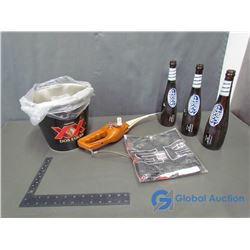 (2) Beer Buckets, (3) Glass Bottles, Dodge Flag and Pocketfisherman Rod