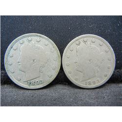 (2) 1893 Liberty Nickels VG/F Semi Key Date