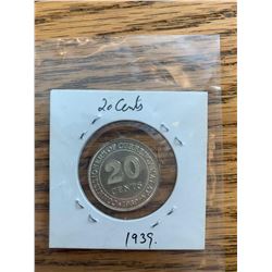 1939 20 cent India coin