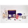 Image 1 : Tray lot of table collectibles including boxed set of sterling spoons, Birks dish with cobalt liner,