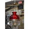 Image 1 : Antique brass electric ceiling fixture with hanging lustres and ruby shade
