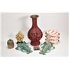 Image 1 : Selection of Oriental collectibles including two majolica wall pockets, note repair to one, 12" cinn