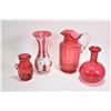 Image 1 : Three pieces of antique cranberry including a 8" pitcher with applied colourless handles, small pitc