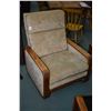 Image 2 : Oak framed retro loveseat and matching chair with straight line oak show wood and micro fibre uphols