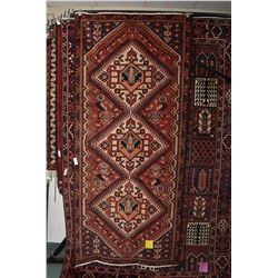 100% Handmade Iranian Shiraz area carpet with triple medallion, red background with overall geometri