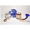 Image 1 : Selection of collectibles including cobalt cornucopia vase with Victorian style hand on marble base,