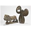 Image 1 : Two carved soapstone figures including a lion 5" in length and a stylized 7 1/4" elephant