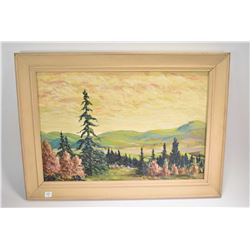 Framed acrylic on board painting of a mountain landscape signed by artist S.G. Moyer 15 1/2" X 23"