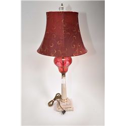 Vintage electric table lamp with column style base and cranberry cut to clear font plus shade