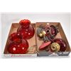 Image 1 : Two vintage converted to electric wall mount oil lamps with ruby glass fonts and shades, includes mo