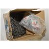 Image 1 : Partial box of 1/4" X 2 1/2" double sided lag bolts and a bag of Richelieu part no. PB13826 hinges