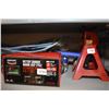 Image 1 : Selection of automotive tools including floor jack, battery charger, two jack stands and a trouble l