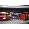 Image 2 : Selection of automotive tools including floor jack, battery charger, two jack stands and a trouble l