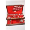 Image 1 : Wooden canteen containing silver-plate flatware with serving for eight each of dinner knives, dinner