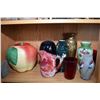 Image 1 : Shelf lot of collectibles including ruby glass tumblers, crystal glass vase, brass vase, apple motif