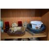 Image 2 : Shelf lot of collectibles including ruby glass tumblers, crystal glass vase, brass vase, apple motif