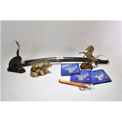 Selection of miscellaneous including a decorative sword, two brass animals including a bear and a re