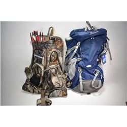 Two backpacks including a Excalibur True Timber archery pack with twelve arrows and a Mountaintop hi