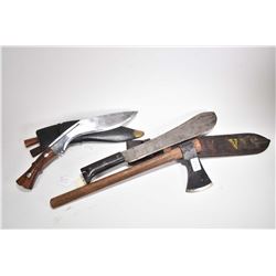 Selection of sharps including  vintage Collins no. 1250 bush knife with 15  blade and leather scabba