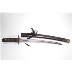 Japanese Wakizashi with 14" blade, note minor nicks to edge and faded tempered line, signature under