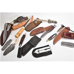 Selection of sharps including vintage survival knife, fixed blade sheath knives, multi-tool etc. plu