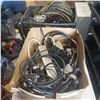 Image 1 : BOX OF POWER BARS AND BASKET OF TOOLS W/ EXTENSION CORDS