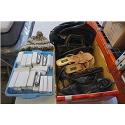 BOX OF LADY SHOES AND PURSES W/ TRAY OF MULTI TOOLS