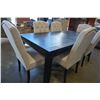 Image 8 : HOME ELEGANCE FLOOR MODEL DARK RUSTIC DINING TABLE WITH EXTENSION AND 6 BEIGE TUFTED FABRIC CHAIRS, 