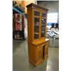 Image 2 : ANTIQUE ENGLISH OAK BEVELLED GLASS 2 PIECE CABINET W/ ORIGINAL BRASS HARDWARE