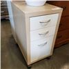 Image 1 : 3 DRAWER MAPLE AND WHITE ROLLING END TABLE
