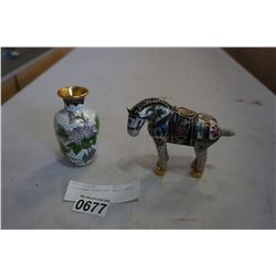 CLOISONNE HORSE AND SMALL VASE