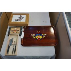 NATIVE TV TRAY AND SALMON SPIRIT BOX W/ SET OF 3 KNIVES