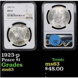 NGC 1923-p Peace Dollar $1 Graded ms63 By NGC
