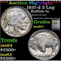 ***Auction Highlight*** 1937-d 3 Leg Buffalo Nickel 5c Graded Select+ Unc BY USCG (fc)
