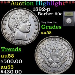 ***Auction Highlight*** 1892-p Barber Half Dollars 50c Graded Choice AU/BU Slider BY USCG (fc)