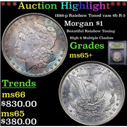 ***Auction Highlight*** 1886-p Rainbow Toned vam 6b R-5 Morgan Dollar $1 Graded GEM+ Unc BY USCG (fc