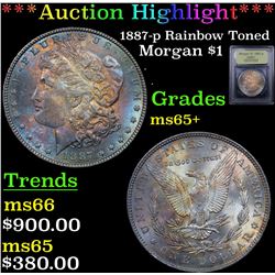 ***Auction Highlight*** 1887-p Rainbow Toned Morgan Dollar $1 Graded GEM+ Unc BY USCG (fc)