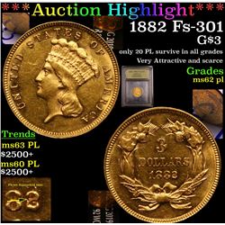 ***Auction Highlight*** 1882 Fs-301 Three Dollar Gold .$3 Graded Select Unc PL BY USCG (fc)
