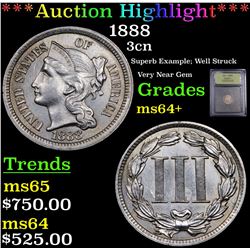 ***Auction Highlight*** 1888 Three Cent Copper Nickel 3cn Graded Choice+ Unc BY USCG (fc)