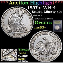 ***Auction Highlight*** 1857-s WB-4 Seated Half Dollar 50c Graded Select+ Unc By USCG (fc)