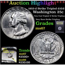 ***Auction Highlight*** 1953-d Strike Tripled d/d/d Washington Quarter 25c Graded GEM++ Unc BY USCG 